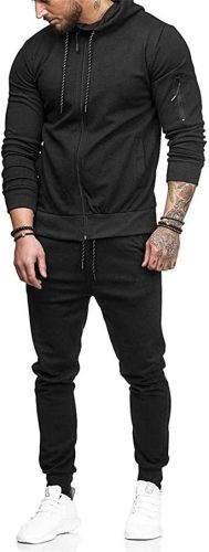 Men's 2 Pieces Tracksuits Running Jogging Athletic Casual Outfits Suit Solid Full Zip Sports Hooded Pants Sweatsuits - M - black1
