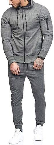 Men's 2 Pieces Tracksuits Running Jogging Athletic Casual Outfits Suit Solid Full Zip Sports Hooded Pants Sweatsuits - L - grey1