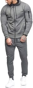 Men's 2 Pieces Tracksuits Running Jogging Athletic Casual Outfits Suit Solid Full Zip Sports Hooded Pants Sweatsuits - M - grey1