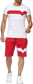 Men's Splicing 2 Piece Tracksuits Casual Short Sleeve Shirts and Shorts Suits - XL - Red