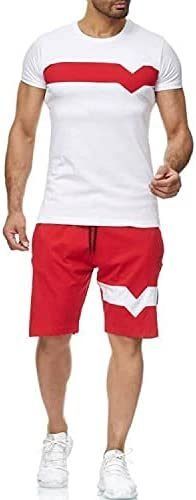 Men's Splicing 2 Piece Tracksuits Casual Short Sleeve Shirts and Shorts Suits - XL - Red