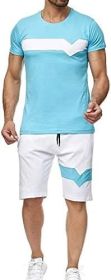 Men's Splicing 2 Piece Tracksuits Casual Short Sleeve Shirts and Shorts Suits - M - Blue