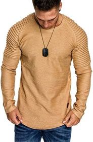 Men' s Long Sleeve Casual Shirts Solid Color Casual Top Stitching Stylish Dress Round Neck Slim Fit Male Shirts - L - brown