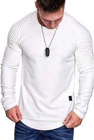 Men' s Long Sleeve Casual Shirts Solid Color Casual Top Stitching Stylish Dress Round Neck Slim Fit Male Shirts - XXL - white