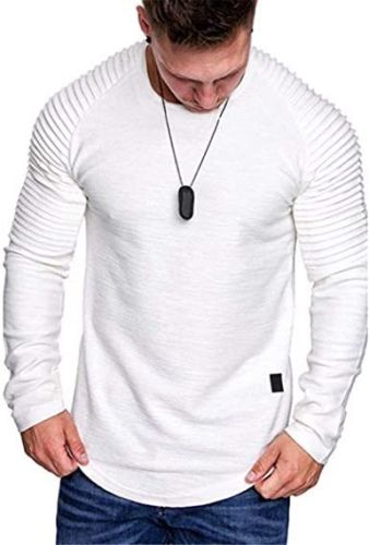 Men' s Long Sleeve Casual Shirts Solid Color Casual Top Stitching Stylish Dress Round Neck Slim Fit Male Shirts - 3XL - white