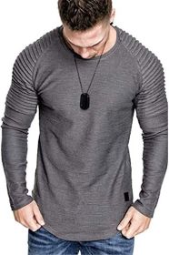 Men' s Long Sleeve Casual Shirts Solid Color Casual Top Stitching Stylish Dress Round Neck Slim Fit Male Shirts - XXL - grey
