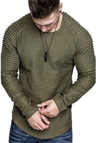 Men' s Long Sleeve Casual Shirts Solid Color Casual Top Stitching Stylish Dress Round Neck Slim Fit Male Shirts - M - green