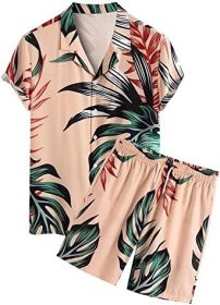 Men's 2 Piece Hawaiian Tracksuit Flower Casual Button Down Short Sleeve Shirt and Suits - XXL - khaki
