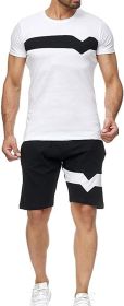 Men's Splicing 2 Piece Tracksuits Casual Short Sleeve Shirts and Shorts Suits - S - white