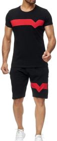 Men's Splicing 2 Piece Tracksuits Casual Short Sleeve Shirts and Shorts Suits - M - black