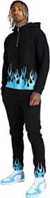 Men's Floral Men's 2 Pieces Tracksuits Running Jogging Athletic Casual Outfits Flame Suit Fitness Tracksuit Set - XL - blue