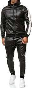 Men's 2 Pieces Tracksuits PU Leather Casual Running Jogging Athletic Outfits Suit Full Zip Sports Sweatsuits - M - white