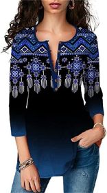 Womens V Neck Chiffon Blouses Casual Balloon Sleeve Floral Print Shirts Tops - Blue-S