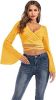 Women's Sexy Tie Up Crop Top Ladies Flared Sleeve Deep V Neck Casual Basic T Shirt - YELLOW-XL
