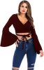 Women's Sexy Tie Up Crop Top Ladies Flared Sleeve Deep V Neck Casual Basic T Shirt - RED-M