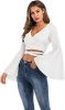 Women's Sexy Tie Up Crop Top Ladies Flared Sleeve Deep V Neck Casual Basic T Shirt - WHITE-XL