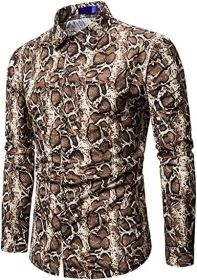 Men's Fashion Leopard Shirts Slim Fit Stand Collar Single Breasted Shirts Casual Long - Bwcs yellow03-L