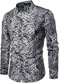 Men's Fashion Leopard Shirts Slim Fit Stand Collar Single Breasted Shirts Casual Long - Bwcs white02-L