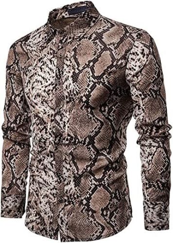 Men's Fashion Leopard Shirts Slim Fit Stand Collar Single Breasted Shirts Casual Long - Bwcs yellow02-XXL