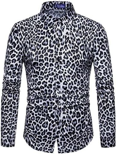 Men's Fashion Leopard Shirts Slim Fit Stand Collar Single Breasted Shirts Casual Long - Bwcs white-XXL