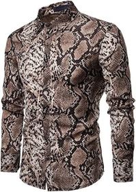 Men's Fashion Leopard Shirts Slim Fit Stand Collar Single Breasted Shirts Casual Long - Bwcs yellow02-XL