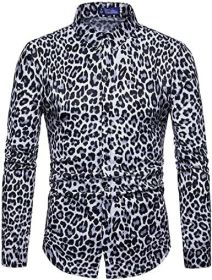 Men's Fashion Leopard Shirts Slim Fit Stand Collar Single Breasted Shirts Casual Long - Bwcs white-M