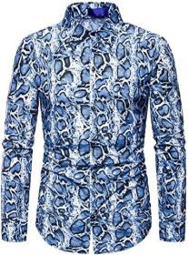 Men's Fashion Leopard Shirts Slim Fit Stand Collar Single Breasted Shirts Casual Long - Bwcs blue-L