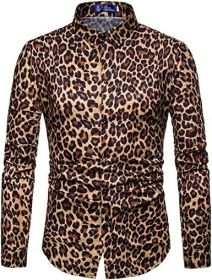 Men's Fashion Leopard Shirts Slim Fit Stand Collar Single Breasted Shirts Casual Long - Bwcs yellow-M