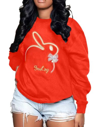 Plus Size Embroidery O Neck Long Sleeve Sweatshirts Top - XXL - red