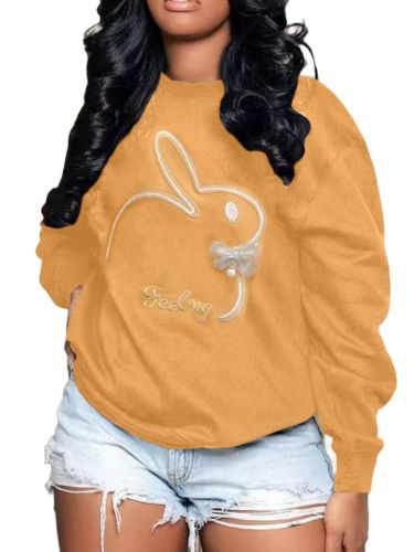 Plus Size Embroidery O Neck Long Sleeve Sweatshirts Top - S - yellow
