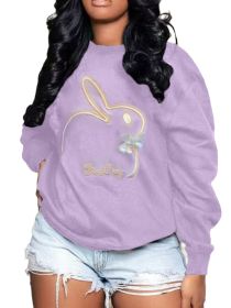 Plus Size Embroidery O Neck Long Sleeve Sweatshirts Top - M - light purple