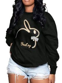 Plus Size Embroidery O Neck Long Sleeve Sweatshirts Top - XXXL - black