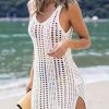Solid Color Hollow Out Dress Without Bikini, V Neck See Through Split Crochet Cover Up Dress, Women's Swimwear & Clothing - White - XL(12)