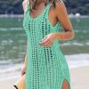 Solid Color Hollow Out Dress Without Bikini, V Neck See Through Split Crochet Cover Up Dress, Women's Swimwear & Clothing - Viridity - L(8/10)