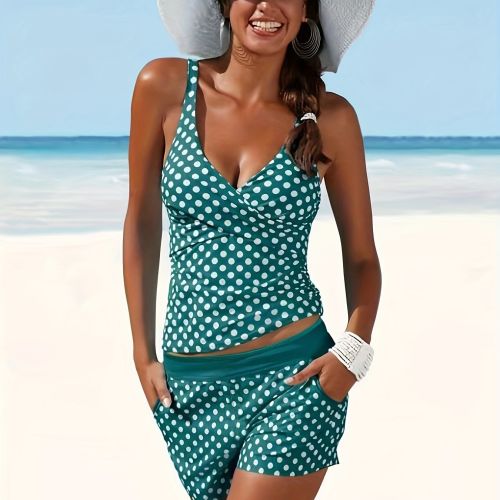 Solid Color Polka Dot Two Pieces Swimsuit, V Neck Mid-Stretch Boxer Short Bottom Bathing Suit, Women's Swimwear & Clothing - Green - S(4)