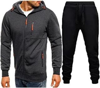 Mens 2 Piece Tracksuit Zipper Cardigan Hoodie Pants Sport Suit Running Jogging Athletic Casual Tracksuit Set - XXL - dark grey3