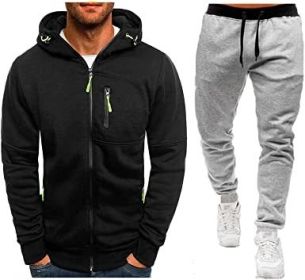 Mens 2 Piece Tracksuit Zipper Cardigan Hoodie Pants Sport Suit Running Jogging Athletic Casual Tracksuit Set - L - black3