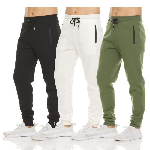 Mens 3 Pack Fleece Active Athletic Workout Jogger Sweatpants - 3pcs black white green - L
