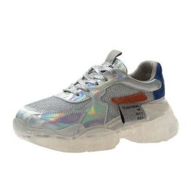 fashion laser lace up high platform casual shoes clear heels silver - Silver - 8