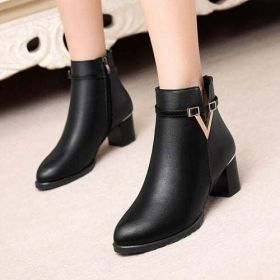 2021 Winter Women's Ankle Boots Black Plus Cotton Warm PU Leather - Black - 37
