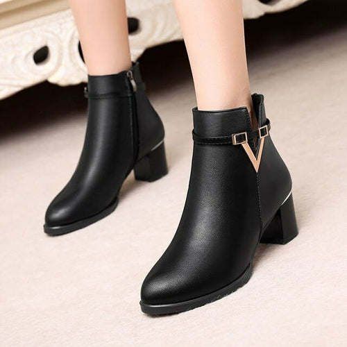 2021 Winter Women's Ankle Boots Black Plus Cotton Warm PU Leather - Black - 35