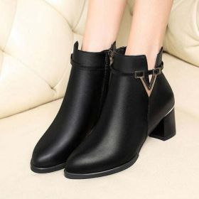 2021 Winter Women's Ankle Boots Black Plus Cotton Warm PU Leather - beige - 35