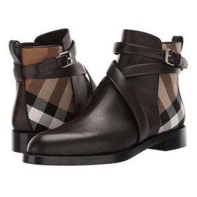Women Pu Leather Boots Buckle Design Plaid Ankle High Fashion - Auburn - 45