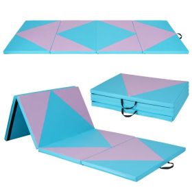 4-Panel PU Leather Folding Exercise Gym Mat with Hook and Loop Fasteners - Pink & Blue