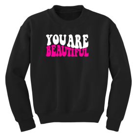 Girls Graphic Sweatshirt, You Are Beautiful Retro Wavy Pink White - Black