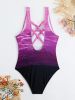 Ombre Purple Color Criss Cross Lace Up Back High Cut Tummy Control One Piece Swimsuit, Women's Swimwear - Dark Violet - S(4)