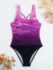 Ombre Purple Color Criss Cross Lace Up Back High Cut Tummy Control One Piece Swimsuit, Women's Swimwear - Dark Violet - S(4)