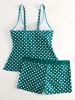 Solid Color Polka Dot Two Pieces Swimsuit, V Neck Mid-Stretch Boxer Short Bottom Bathing Suit, Women's Swimwear & Clothing - Green - XL(12)