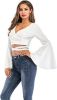 Women's Sexy Tie Up Crop Top Ladies Flared Sleeve Deep V Neck Casual Basic T Shirt - WHITE-S