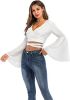 Women's Sexy Tie Up Crop Top Ladies Flared Sleeve Deep V Neck Casual Basic T Shirt - WHITE-S